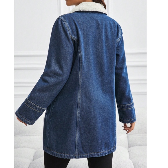 Maternity Dark Wash Denim Teddy Lined Button Loose Fit Jacket Coat - Picture 3 of 7